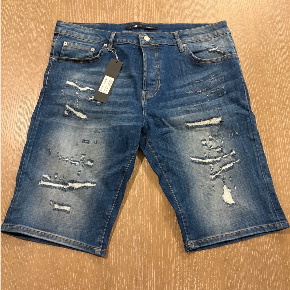 7th HVN Men's Denim Shorts Size 38 Distressed Ripped Blue Jean Shorts NWT
